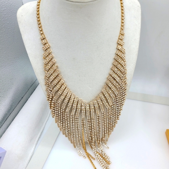 - Bib Goldtone Fringe Necklace • Filled w Rhinestones - Picture 3 of 3